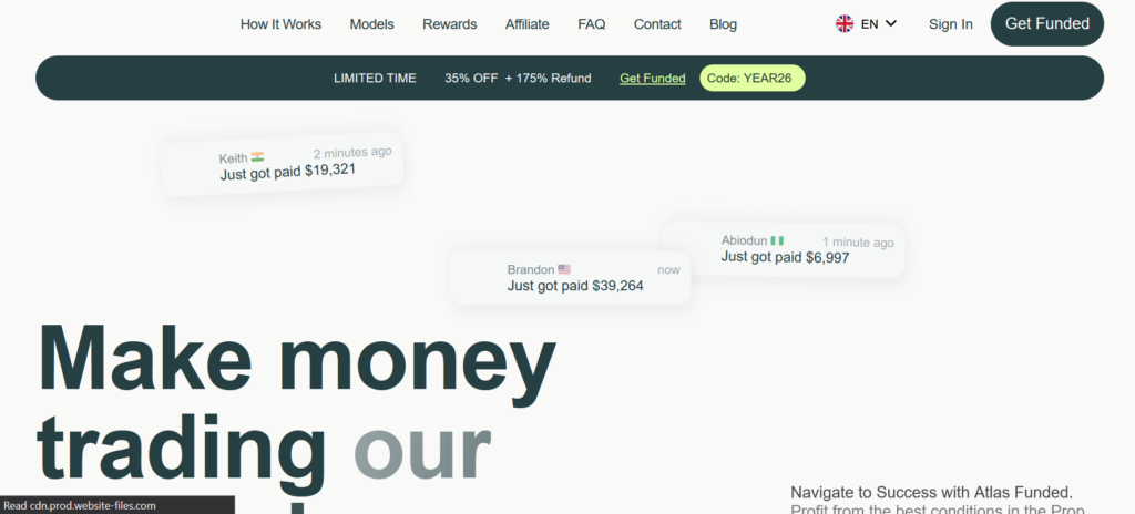 AtlasFunded.com scam website homepage screenshot