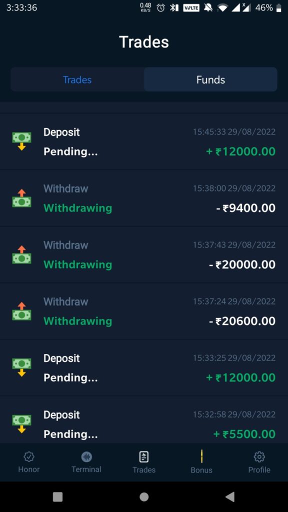 Inefex.com withdrawal pending screenshot
