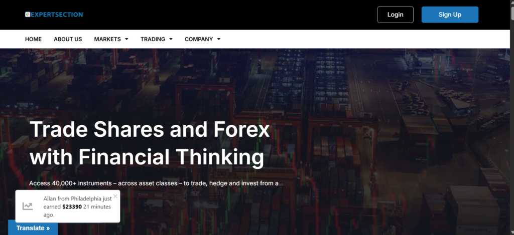 Expertsection.live scam review warning showing high-risk crypto and forex investment platform alert